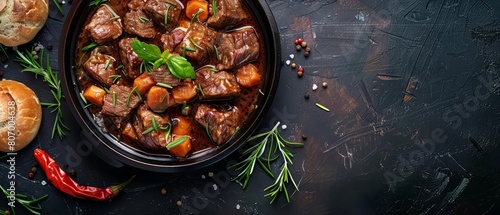 Taste the hearty comfort of an Irish beef stew, slowcooked and flavorful, with a solid background and copy space on center for advertise photo