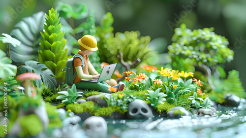 Biologist analyzing flora with laptop in wetland 3D icon depicting a biologist using a laptop to assess and document plant diversity in a lush greenery filled wetland environment