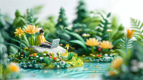 3D Biologist Analyzing Flora in Wetland: Laptop Used to Record Plant Diversity in Isometric Scene Surrounded by Lush Greenery