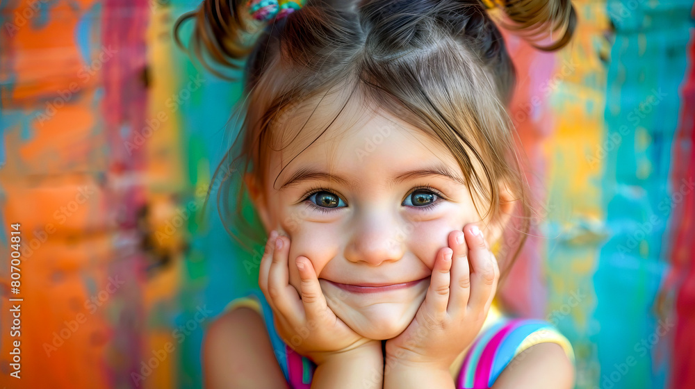 Close up of child smiling with her hands on her face and her hands on her cheek. Close up of child smiling with her hands on her face and her hands on her cheek.