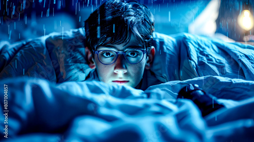 Young man wearing glasses laying in bed under blanket in the rain.