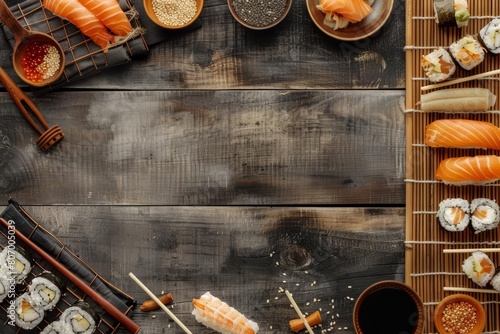 The creative flat lay template of sushimaking tools and fresh ingredients explores culinary traditions and the art of Japanese cuisine