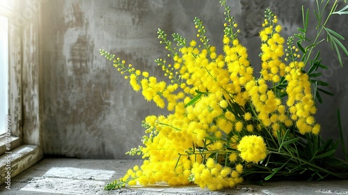   A yellow flower arrangement sits on a nearby window ledge against a gray background
