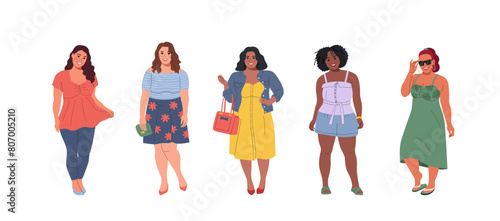 Set of plus size different fashion women.Body positive movement and beauty diversity.Vector cartoon flat style illustration
