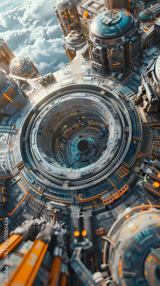 Render a hyper-realistic CG 3D scene featuring futuristic technologies from a unique birds eye view Render a hyper-realistic CG 3D scene featuring futuristic technologies from a unique birds eye view