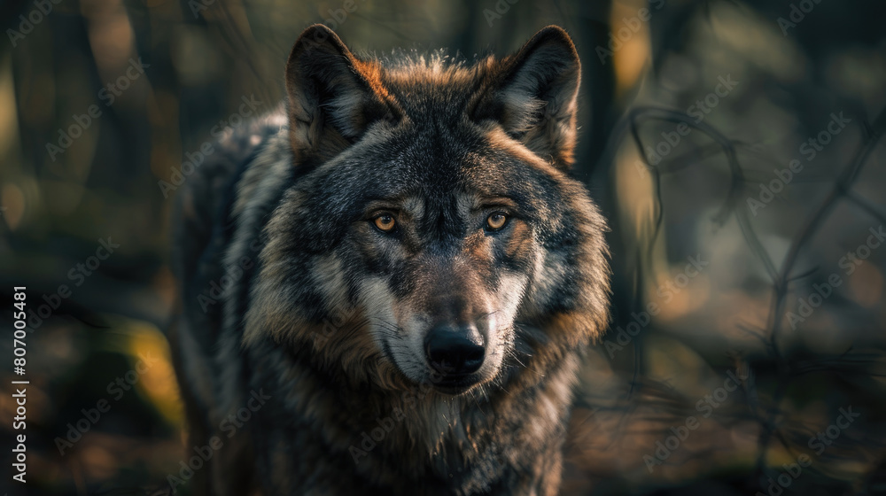 A majestic wolf standing in the forest, looking directly at the camera with focused eyes A majestic wolf standing in the forest, looking directly at the camera with focused eyes
