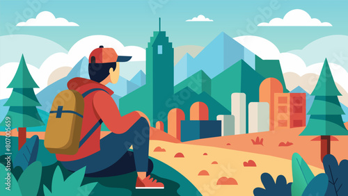 A peaceful hiker pausing to take in the chaos of a bustling cityscape.. Vector illustration