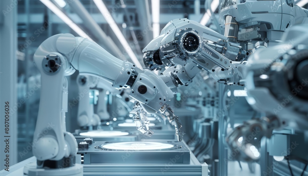 The scene depicts a futuristic workshop where robots autonomously assemble complex machinery The scene depicts a futuristic workshop where robots autonomously assemble complex machinery