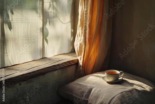 A cozy nook with a single cushion and a cup of tea, emphasizing calm and simplicity photo