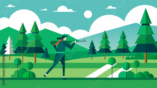 Smooth green fields and tall trees stand as the backdrop for this exciting biathlon where competitors must balance their speed and agility with their. Vector illustration