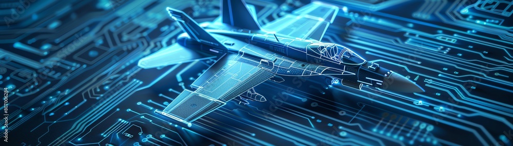 A digital representation of a fighter jet is shown flying over a ...