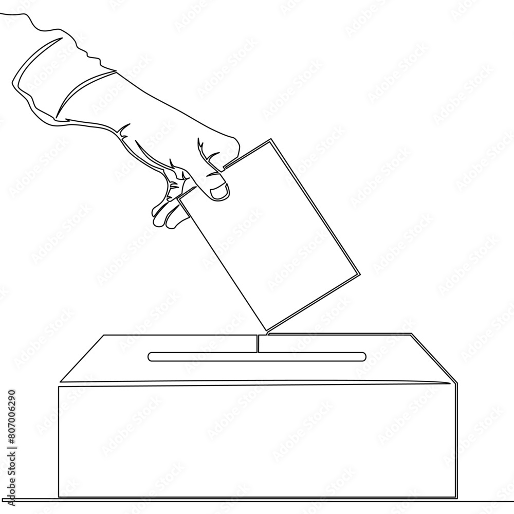 Continuous one single line drawing Hand throws ballot vote ballot box icon vector illustration concept Continuous one single line drawing Hand throws ballot vote ballot box icon vector illustration concept