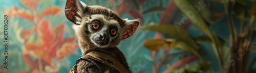 The scene shows a closeup halfbody of a charismatic arboreal animal outfitted as a jungle explorer photo