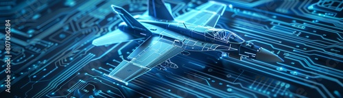 A digital representation of a fighter jet is shown flying over a circuit board. The jet is blue and the circuit board is green. photo