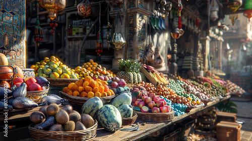 Bustling marketplace with a weathered wooden podium showcasing exotic fruits,