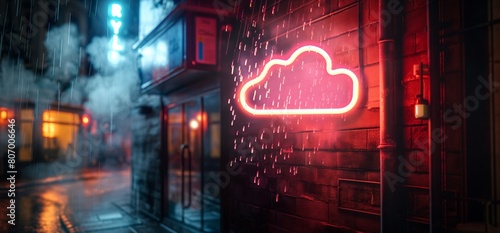A rain cloud neon sign illuminating the darkness, with cascading raindrops. The light cast onto a building's wall simulates the sensation of rainfall outdoors. photo