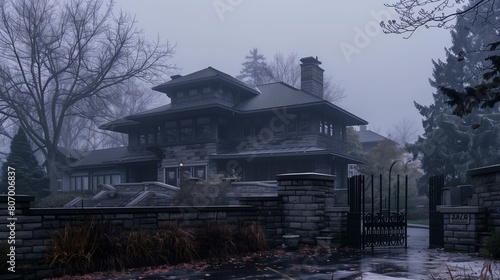 Wallpaper Mural Early fog at a craftsman house, the structure and gate softly obscured by the misty conditions. Torontodigital.ca