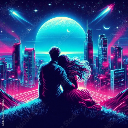 Couple in love on a hilltop above the night city. 