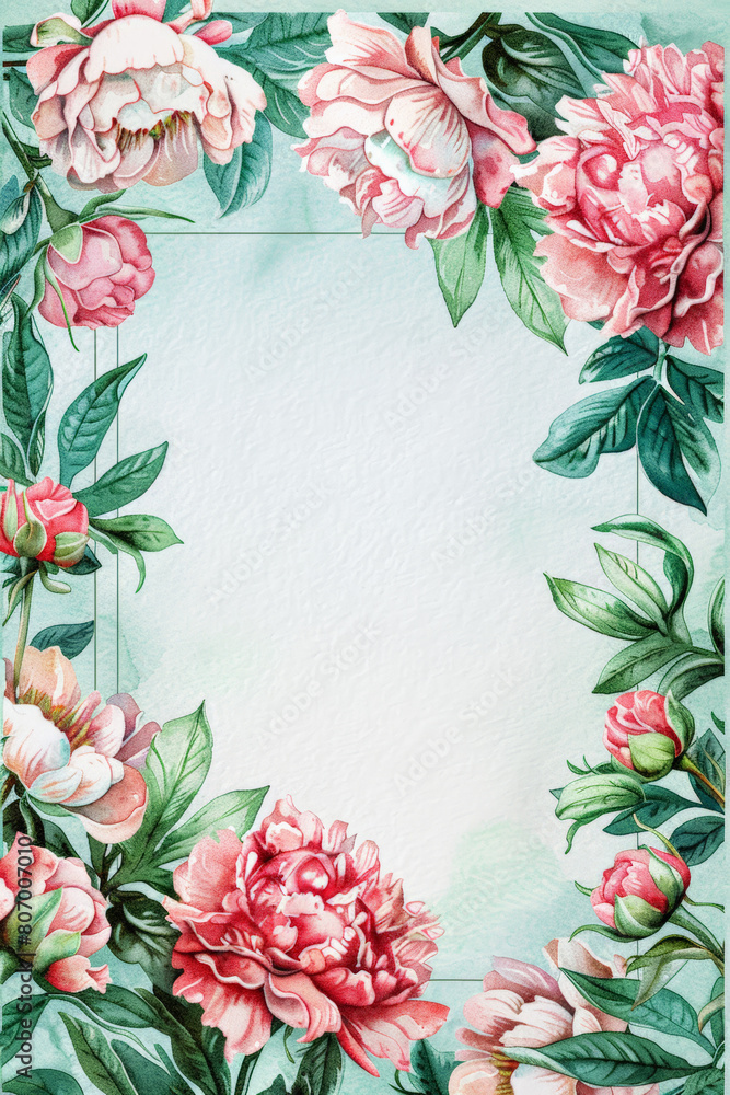 Fototapeta premium Elegant Vintage Floral Border with Textured Background and Pink Peonies. invitation card, copy space