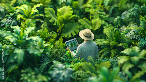 3D Environmental Researcher Using Tablet to Study Biodiversity in Rainforest Isometric Scene with Vibrant Greenery