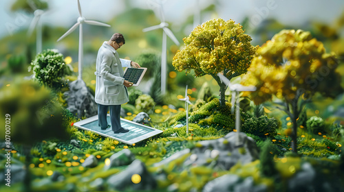 3D Icon: Environmental Scientist Analyzing Climate Data on Tablet in Windy Field Isometric Scene Contributing to Climate Research