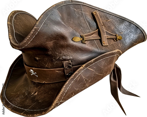 Brown leather pirate hat with skull and crossbones emblem cut out on transparent background