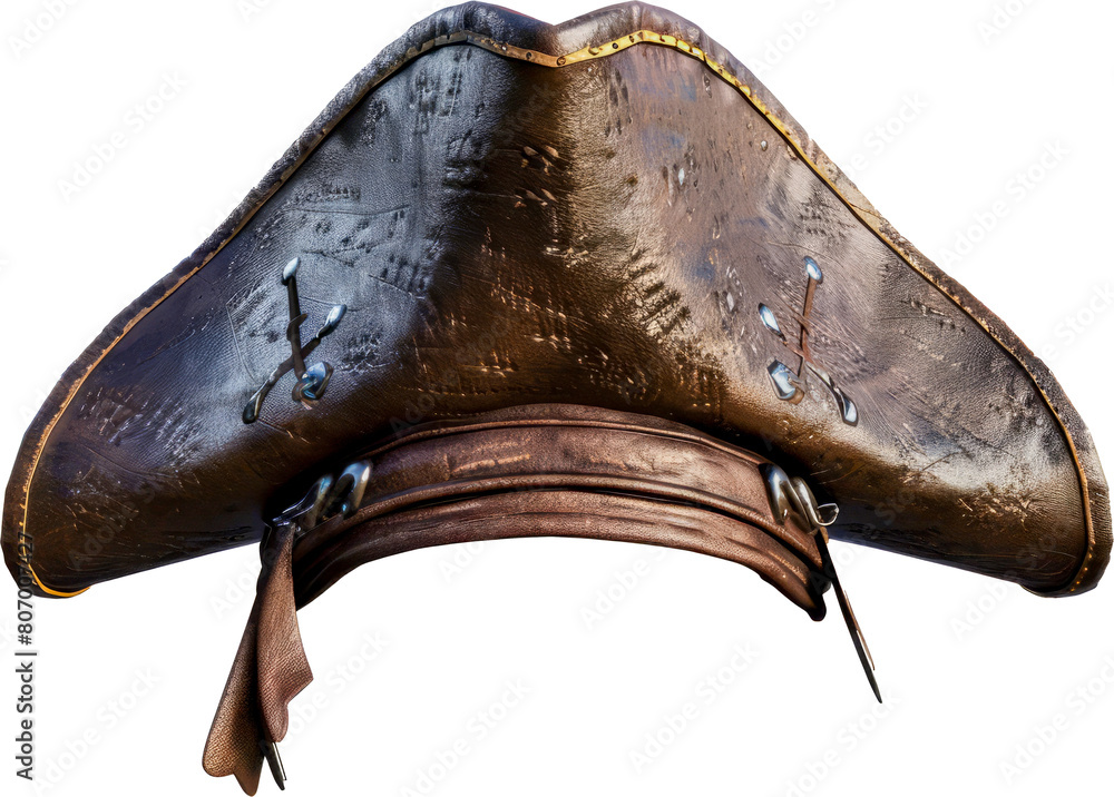 Fototapeta premium Brown leather pirate hat with skull and crossbones emblem cut out on transparent background