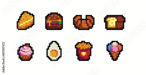 Restaurant dishes pixel art set. Meat, fast food collection. Food menu. 8-bit sprite. Game development, mobile app. Isolated vector illustration.