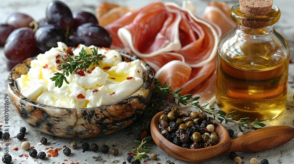 A bowl of food sits beside an olive oil bottle and a bowl of olives A bowl of food sits beside an olive oil bottle and a bowl of olives
