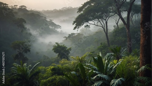 Experience the serenity of a natural forest landscape veiled in fog, as the jungle panorama unfolds before you, revealing a tranquil oasis amidst the misty depths. © xKas