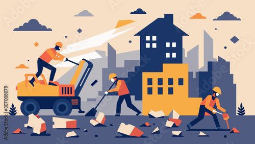 Dust and debris fill the air as workers use jackhammers and heavy machinery to demolish old buildings and make way for new ones.. Vector illustration