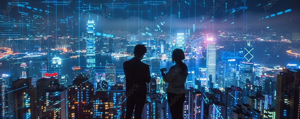 A digital twin of a city projected on a virtual screen, with engineers analyzing data for smart city planning A digital twin of a city projected on a virtual screen, with engineers analyzing data for smart city planning