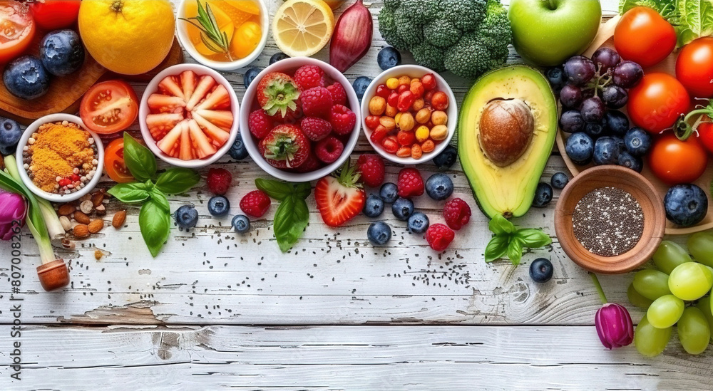An array of colorful fruits and veggies displayed on a white wooden board include berries, oranges, kiwis, and avocados An array of colorful fruits and veggies displayed on a white wooden board include berries, oranges, kiwis, and avocados