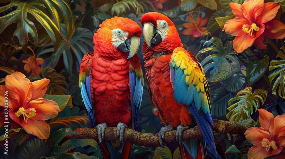 Obraz premium Two parrots are perched on a branch in a lush green forest