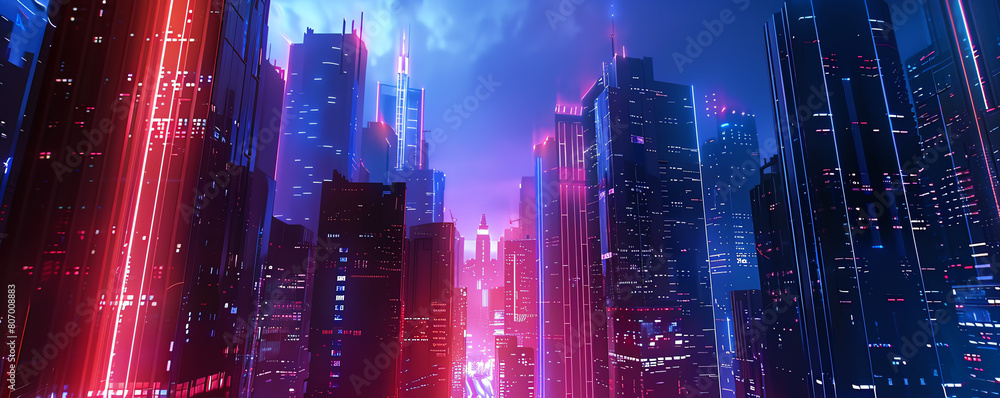 Combine clean lines and vibrant gradients to evoke a futuristic cityscape, presenting a unique eye-level perspective with a dramatic tilt to captivate audiences