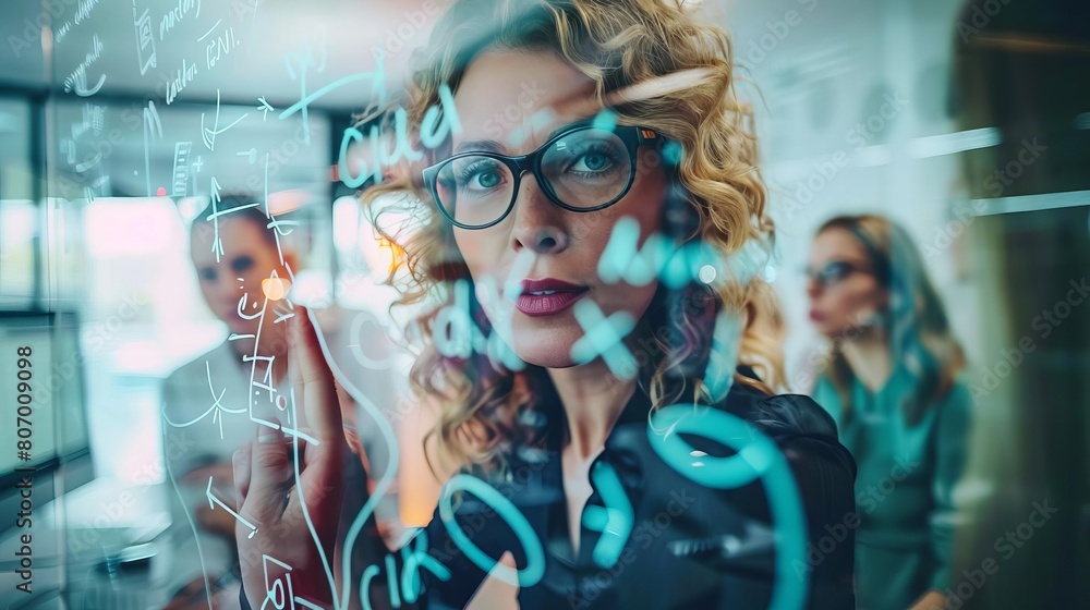 A dynamic group of women in a meeting room, using a glass board to brainstorm ideas and plan strategies for their companys growth and success A dynamic group of women in a meeting room, using a glass board to brainstorm ideas and plan strategies for their companys growth and success