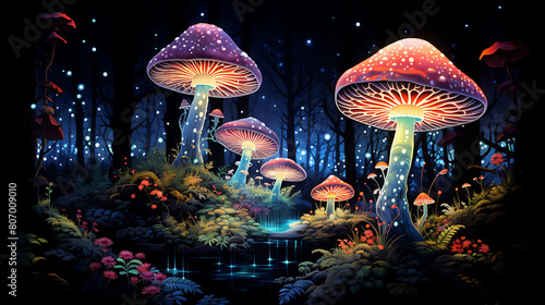 Glowing Mushrooms  Paint bioluminescent fungi in a moonlit forest.