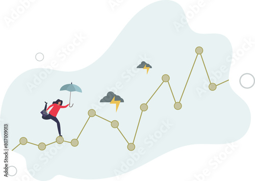 businesswoman acrobat planning to walk on risky investment graph.flat vector illustration.