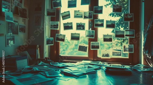 Analog polaroidstyle narrative connecting a days evolving brainstorm highlights via suspended snapshots around the room, photo