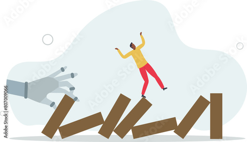 AI robot arm push to collapse domino, businessman falling down.flat vector illustration.