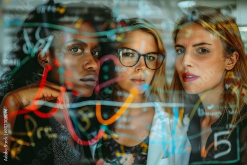 A diverse group of women in business attire brainstorming and collaborating on a glass board, leveraging their unique perspectives and skills to achieve common goals and objectives