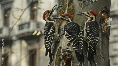 A family of woodpeckers drumming on the trunks of decorative trees lining an urban boulevard