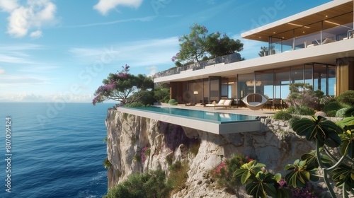 Cliffside house with an overhanging pool, side view capturing dramatic ocean views below.