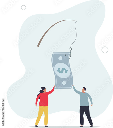 trying to catch fishing bait with dollar banknote money.flat vector illustration.