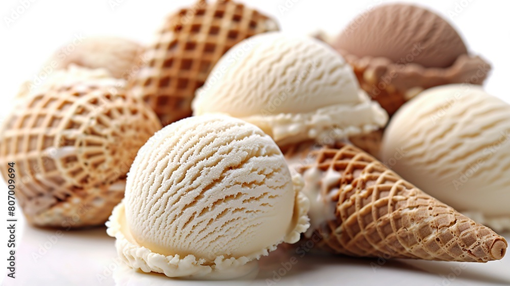   Ice cream cones stacked on a white table with adjacent piles