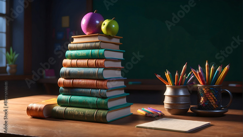 A stack of books and pencils neatly arranged on a table, set against the backdrop of a blackboard.