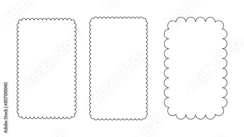 Scallop frame border. Rectangle frill lace edge ornament. Round retro wave doodle framework design. Vertical rectangular squiggle and wiggly groovy curve tag. Simple funky curly outline label box