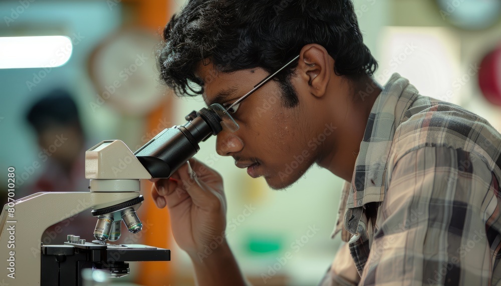 A young Indian student conducts electronics experiments in a university lab, using a microscope A young Indian student conducts electronics experiments in a university lab, using a microscope