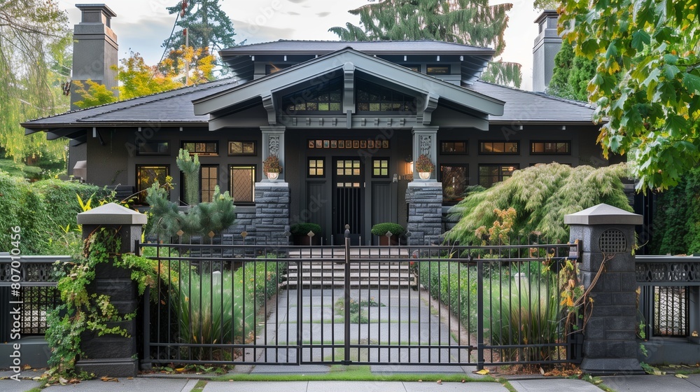 Front view of a craftsman house in slate grey with an artistically crafted rod gate and grill, enhancing its classic charm.