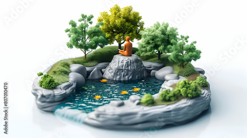 Isometric 3D Icon: Streamside Meditation Captured on Smartphone Serene Reflection Moment by the Stream